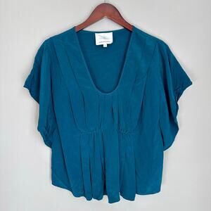 Madison Marcus Silk Green Blouse Top Babydoll Pleated Scoop Neck Flutter Sleeve